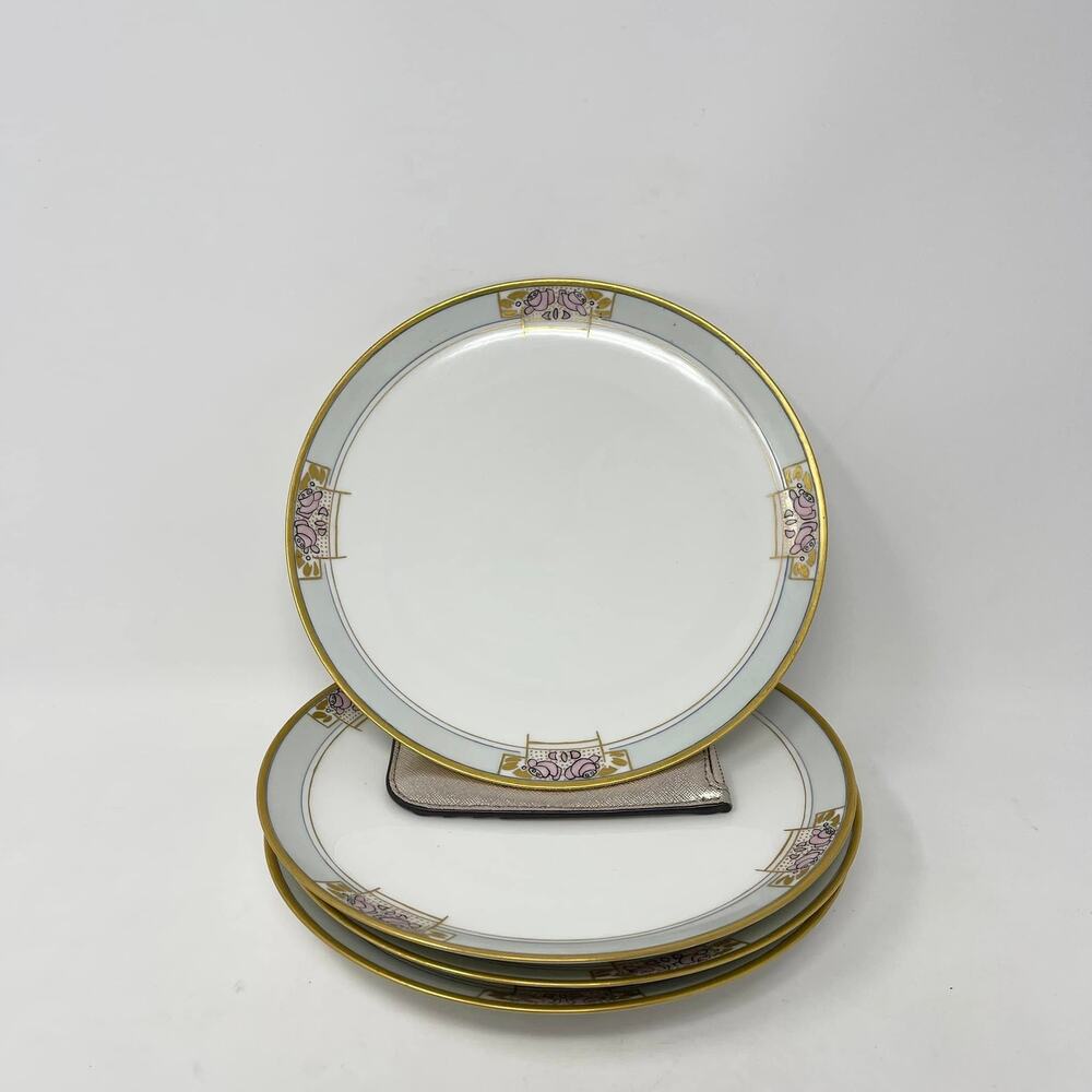 Haviland France White Gold Rim Pink Blue Art Deco Floral China Plate Set of‎ 4